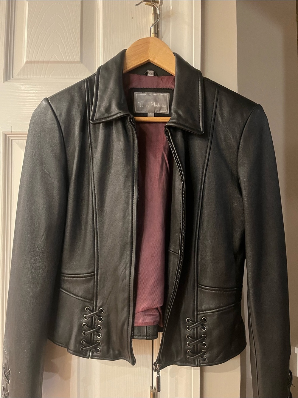 Juliet Michelle Black Leather Jacket with Plum Lining and Lace-Up Sides